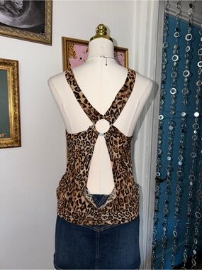 Vintage Y2K Leopard Print Open-Back Tank Top - Brown